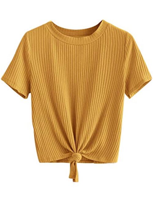 Romwe Women's Cute Knot Front Solid Ribbed Tee Crop Top T-Shirt