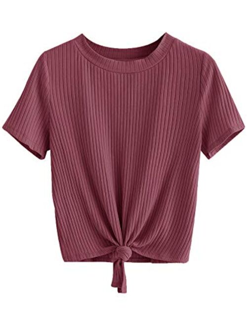 Romwe Women's Cute Knot Front Solid Ribbed Tee Crop Top T-Shirt