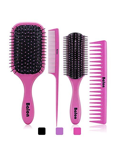 4Pcs Paddle Hair Brush, Detangling Brush and Hair Comb Set for Men and Women, Great On Wet or Dry Hair, No More Tangle Hairbrush for Long Thick Thin Curly Natural Hair