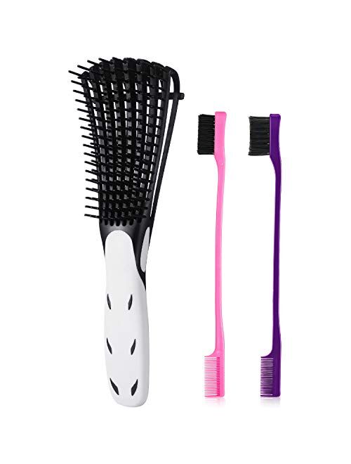 3 Pieces Detangling Brush Set with Edge Brush Double Sided, Hair Detangler for Afro America Textured 3a to 4c Kinky Wavy for Wet/Dry/Long Thick Curly Hair