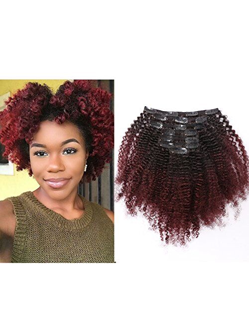 Ombre Remy Clip in Human Hair Extensions Afro Kinky Curly 4B 4C 100% Natural Black Hair Extensions 10-22 inch Two Tone T#1B/99J Burgandy Wine Red Full Head