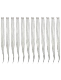 SWACC 12 Pcs Straight One Color Party Highlights Clip on in Hair Extensions Colored Hair Streak Synthetic Hairpieces