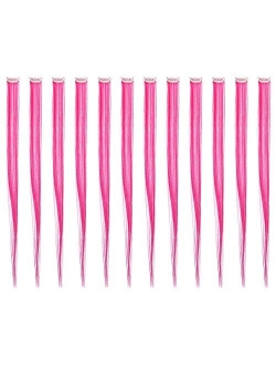 SWACC 12 Pcs Straight One Color Party Highlights Clip on in Hair Extensions Colored Hair Streak Synthetic Hairpieces