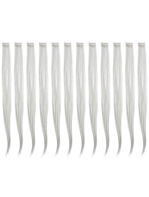 SWACC 12 Pcs Straight One Color Party Highlights Clip on in Hair Extensions Colored Hair Streak Synthetic Hairpieces