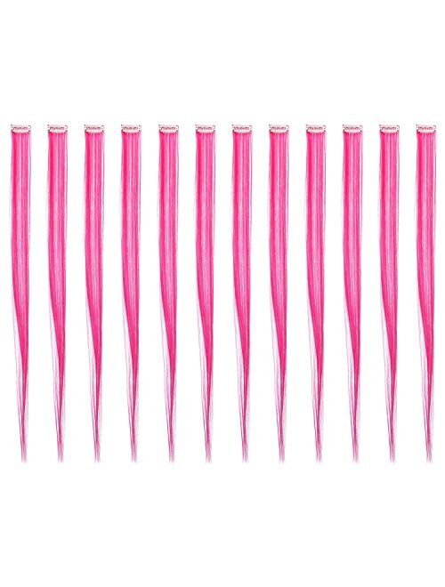 SWACC 12 Pcs Straight One Color Party Highlights Clip on in Hair Extensions Colored Hair Streak Synthetic Hairpieces