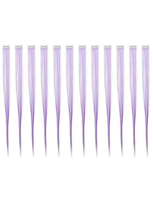 SWACC 12 Pcs Straight One Color Party Highlights Clip on in Hair Extensions Colored Hair Streak Synthetic Hairpieces