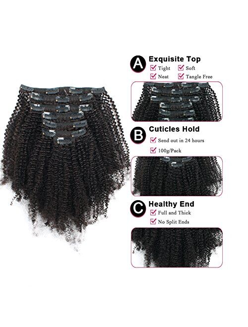 Sassina 120 Grams Double Wefts Afro Kinky Coily Clip in Human Hair Extensions Thick Remy Hair Afro Coily Clip on Hair For Black Women 7 Pieces per Set With 17 Clip Attach