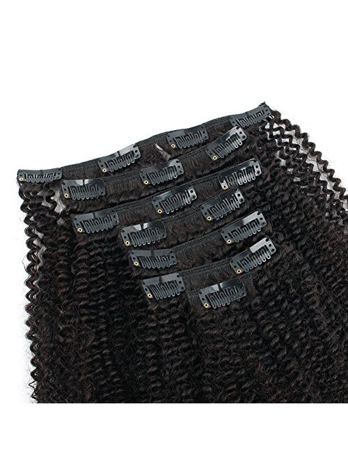 Sassina 120 Grams Double Wefts Afro Kinky Coily Clip in Human Hair Extensions Thick Remy Hair Afro Coily Clip on Hair For Black Women 7 Pieces per Set With 17 Clip Attach