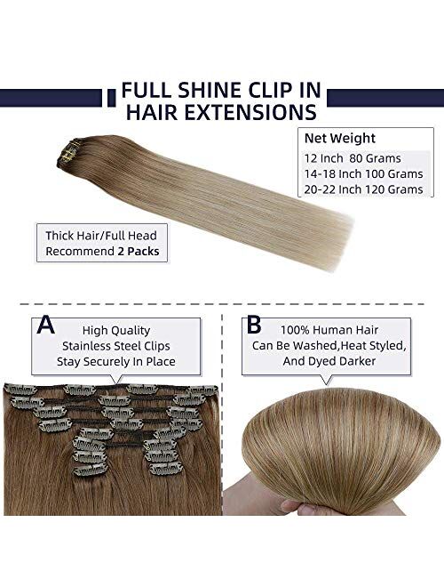 Full Shine Balayage Clip In Hair Extensions Remy Human Hair Clip On Hair Double Wefted Brazilian Remy Hair Extensions 12-24 Inch Hair Clip Ins