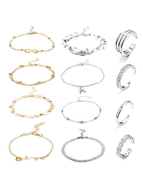 FUNRUN JEWELRY 12PCS Anklet and Toe Ring Set for Women Girls Beach Ankle Bracelets Adjustable Open Toe Ring Foot Jewelry