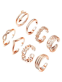 KOHOTA 8PCS Open Toe Rings Set for Women Hypoallergenic Adjustable Flower Knot Simple Arrow Fingers Joint Tail Ring Band Sandals Foot Jewelry