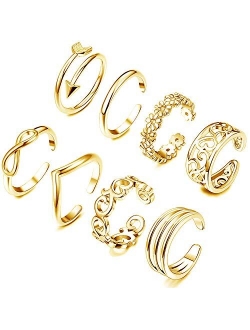 KOHOTA 8PCS Open Toe Rings Set for Women Hypoallergenic Adjustable Flower Knot Simple Arrow Fingers Joint Tail Ring Band Sandals Foot Jewelry