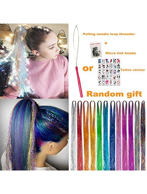 46 Inch 12 Colors Hair Tinsel With Tools Kit, Fairy Hair Tinsel Strands KitHair Extension Tools Kit