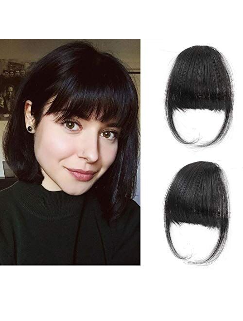 Clip in Air Bangs Remy Human Hair Extensions One Piece Front Neat Air Fringe Hand Tied Straight Flat Bangs Clip on Hairpiece for Women