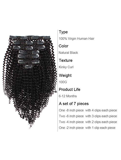 ABH AmazingBeauty Hair 8A 100 Remy 3C and 4A Kinkys Curly Clip in Human Hair Extensions, Double Weft Remy Human Hair for Black Women, 120 Gram, Jet Black 1