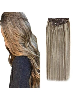 Sunny Clip in Hair Extensions Human Hair Full Head 14-24inch Balayage Ombre Silk Straight Real Hair Clip in Extensions Double Weft Blonde Clip in Human Hair 7pcs 120g