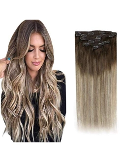 Sunny Clip in Hair Extensions Human Hair Full Head 14-24inch Balayage Ombre Silk Straight Real Hair Clip in Extensions Double Weft Blonde Clip in Human Hair 7pcs 120g