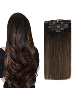 Sunny Clip in Hair Extensions Human Hair Full Head 14-24inch Balayage Ombre Silk Straight Real Hair Clip in Extensions Double Weft Blonde Clip in Human Hair 7pcs 120g