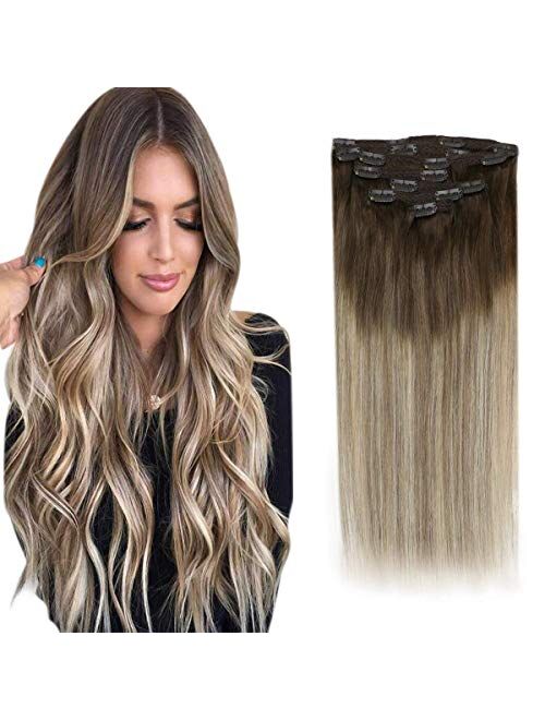 Sunny Clip in Hair Extensions Human Hair Full Head 14-24inch Balayage Ombre Silk Straight Real Hair Clip in Extensions Double Weft Blonde Clip in Human Hair 7pcs 120g