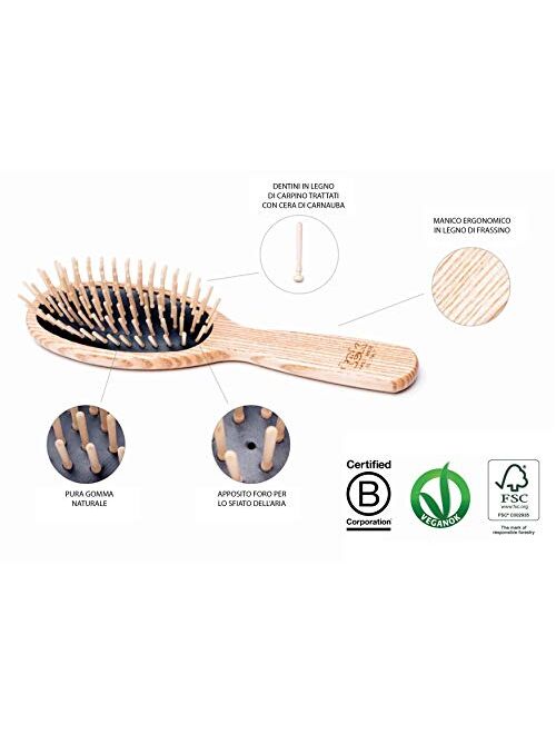 Tek paddle hairbrush in ash wood with short pins - Handmade in Italy