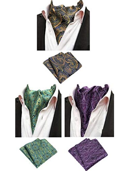 MOHSLEE Mens Luxury Paisley 3 Pack Cravat Silk Ascot Scarf Tie Pocket Square Set