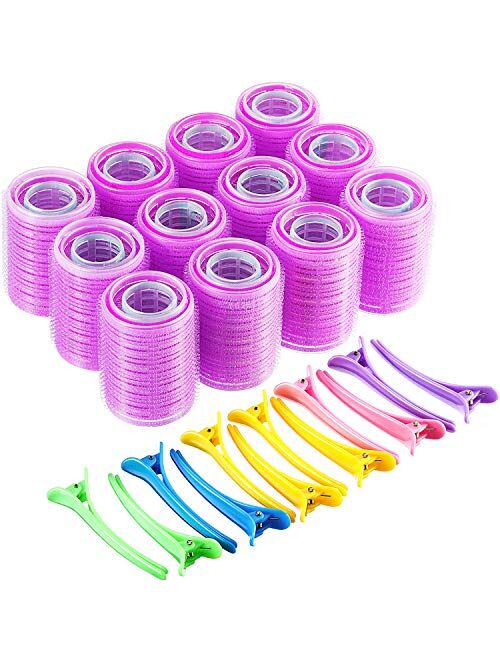 Self Grip Hair Rollers Set, Self Holding Rollers and Multicolor Plastic Duck Teeth Bows Hair Clips Hairdressing Curlers for Women, Men and Kids (44 mm, 36 mm, 25 mm, 48 P