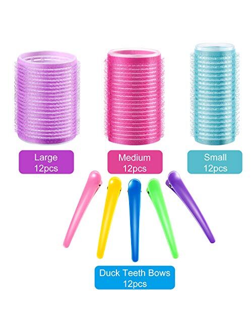 Self Grip Hair Rollers Set, Self Holding Rollers and Multicolor Plastic Duck Teeth Bows Hair Clips Hairdressing Curlers for Women, Men and Kids (44 mm, 36 mm, 25 mm, 48 P