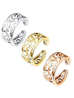 FIBO STEEL 3 Pcs Toe Rings for Women Flower Open Tail Ring Adjustable