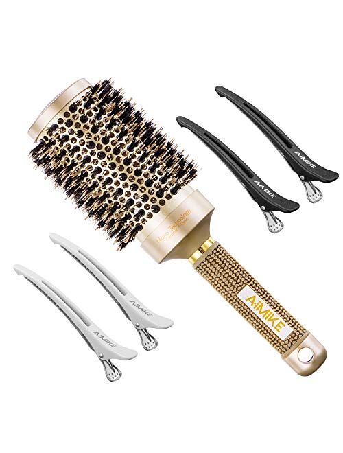 AIMIKE Round Brush with Bristles, Nano Thermal Ceramic & Ionic Tech Hair Brush and Clips