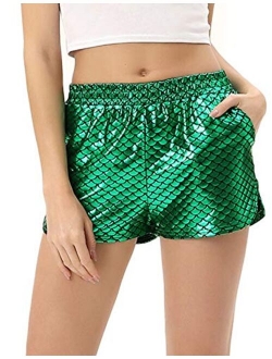 Women's Yoga Hot Shorts Shiny Metallic Pants with Elastic Waist