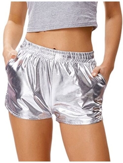 Women's Yoga Hot Shorts Shiny Metallic Pants with Elastic Waist