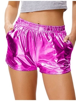 Women's Yoga Hot Shorts Shiny Metallic Pants with Elastic Waist