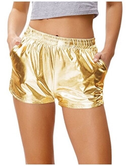 Women's Yoga Hot Shorts Shiny Metallic Pants with Elastic Waist