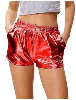 Women's Yoga Hot Shorts Shiny Metallic Pants with Elastic Waist