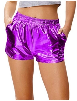 Women's Yoga Hot Shorts Shiny Metallic Pants with Elastic Waist