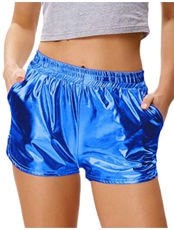 Women's Yoga Hot Shorts Shiny Metallic Pants with Elastic Waist