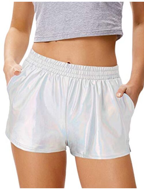 Kate Kasin Women's Yoga Hot Shorts Shiny Metallic Pants with Elastic Waist