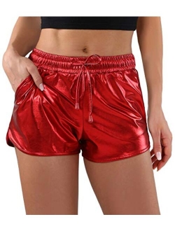 POSHDIVAH Metallic Shorts for Women Hot Sparkly Shiny Shorts with Elastic Drawstring