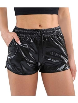 POSHDIVAH Metallic Shorts for Women Hot Sparkly Shiny Shorts with Elastic Drawstring