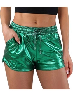 POSHDIVAH Metallic Shorts for Women Hot Sparkly Shiny Shorts with Elastic Drawstring