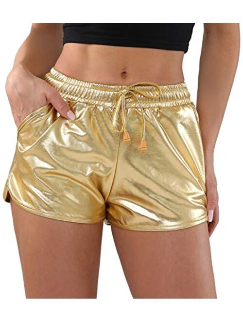 POSHDIVAH Metallic Shorts for Women Hot Sparkly Shiny Shorts with Elastic Drawstring