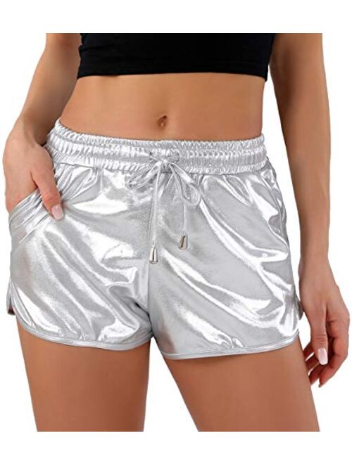 POSHDIVAH Metallic Shorts for Women Hot Sparkly Shiny Shorts with Elastic Drawstring