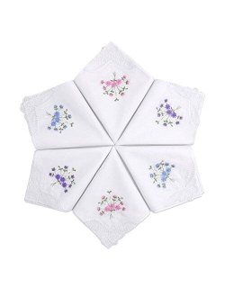 SelectedHanky Women's Cotton Handkerchiefs Flower Embroidered with Lace, Ladies Hankies