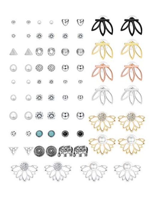 Hanpabum 35Pairs Assorted Multiple Stud Earrings for Women Girls Lotus Flower Ear Jacket Earrings Set Vintage Fake Pearl Ball CZ Earrings Set