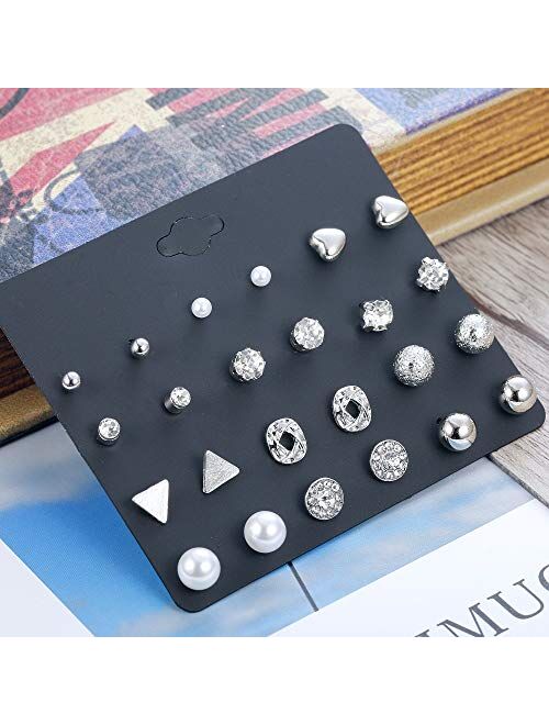 Hanpabum 35Pairs Assorted Multiple Stud Earrings for Women Girls Lotus Flower Ear Jacket Earrings Set Vintage Fake Pearl Ball CZ Earrings Set