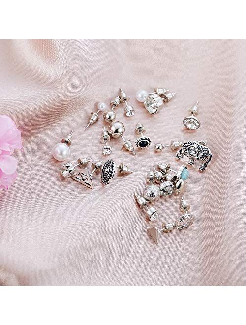 Hanpabum 35Pairs Assorted Multiple Stud Earrings for Women Girls Lotus Flower Ear Jacket Earrings Set Vintage Fake Pearl Ball CZ Earrings Set