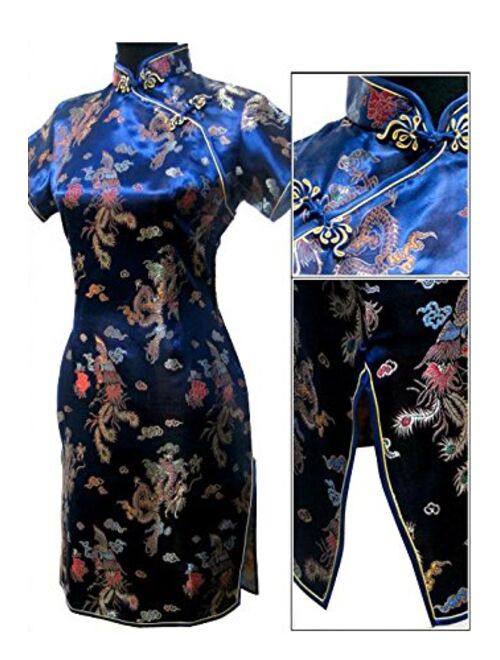 7Fairy Women's VTG Navy Blue Dragon Mini Chinese Prom Dress Cheongsam