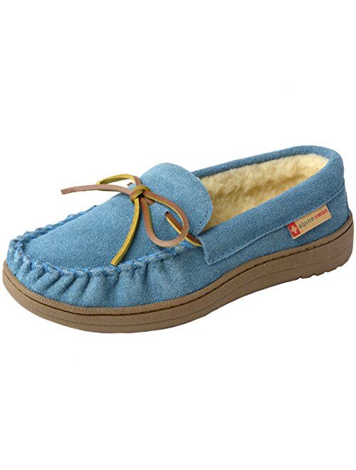 Alpine Swiss Sabine Womens Genuine Suede Shearling Slip On Moccasin Slippers