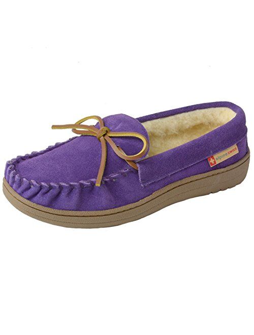 Alpine Swiss Sabine Womens Genuine Suede Shearling Slip On Moccasin Slippers