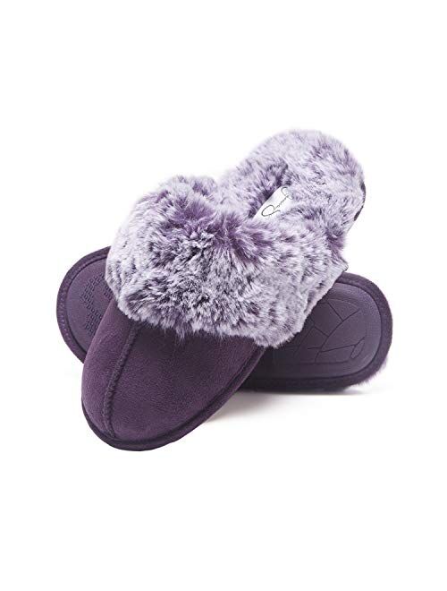 Jessica Simpson Women's Comfy Faux Fur House Slipper Scuff Memory Foam Slip on Anti-Skid Sole